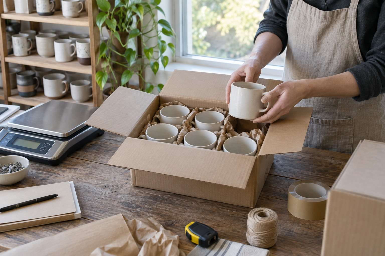 Mesa de preparación con báscula, tazas y material de embalaje.