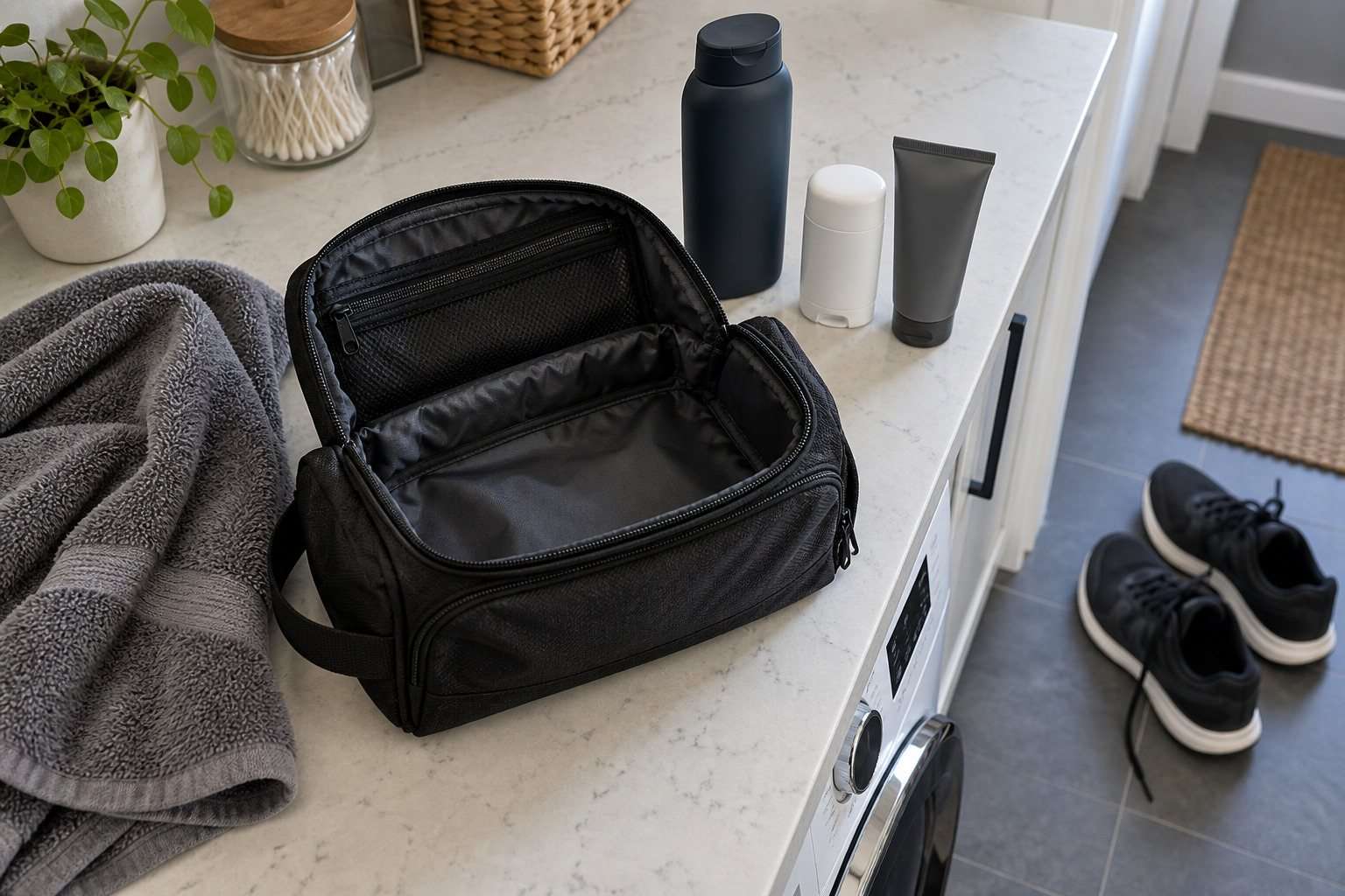 Neceser vacío, toalla y envases de aseo separados en casa después del entrenamiento.